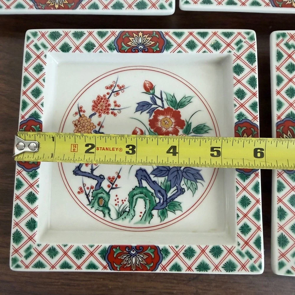 Vintage Imari Style Square Porcelain Appetizer Plates Set of 5 Floral Ceramic